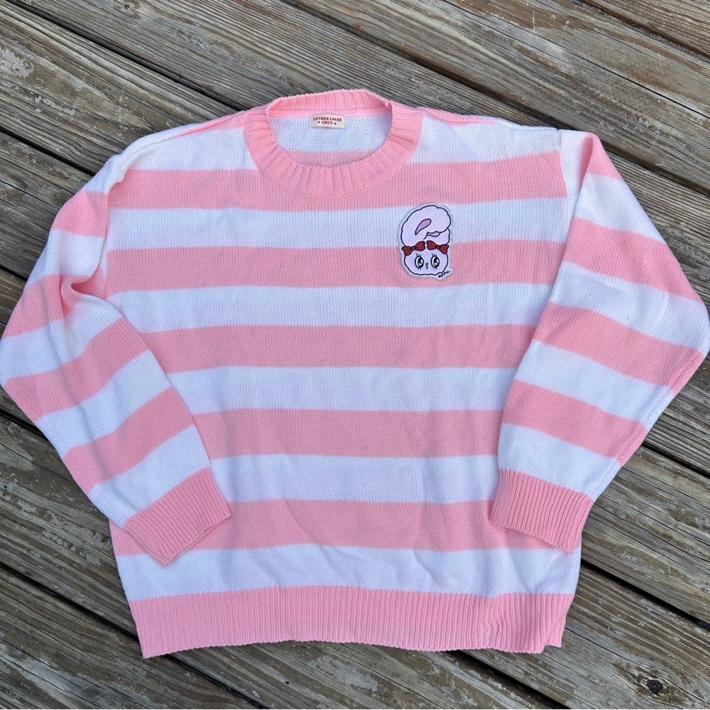 Esther loves Chuu pink stripped bunny patch crew sweater